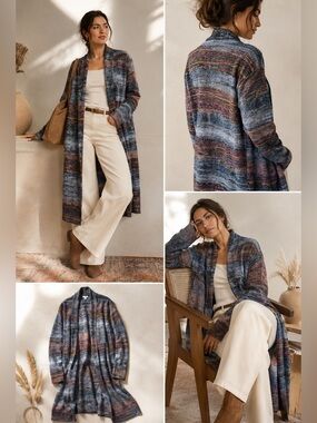 J Jill Medium Boho Knit Stripe Open Front Duster Long Southwest Cozy Cardigan